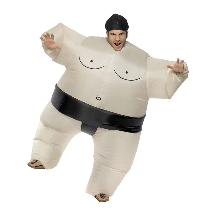 Sumo Wrestler Costume White Inflatable Bodysuit and Black Headpiece 1