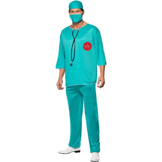 Surgeon Costume Adult Green Hospital Scrubs Tunic Trousers Cap Mask 1