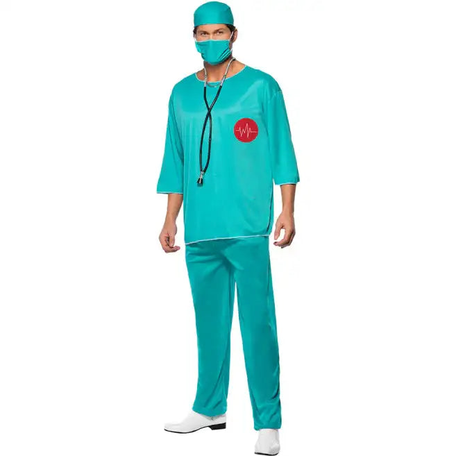 Surgeon Costume Adult Green Hospital Scrubs Tunic Trousers Cap Mask 1