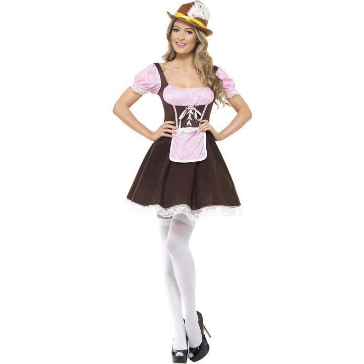 Tavern Girl Costume Oktoberfest Short Brown Dress with Apron and Pink Blouse 1