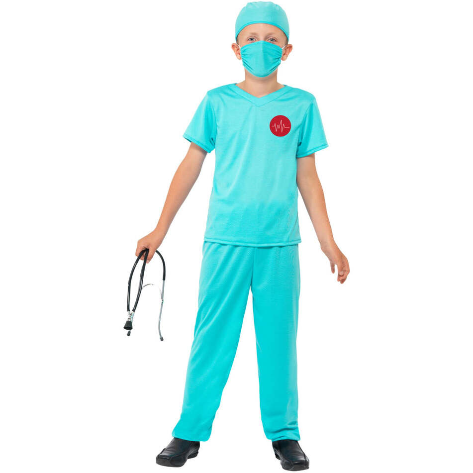 Surgeon Costume Kids Blue with Top Trousers Hat Mask and Stethoscope 1