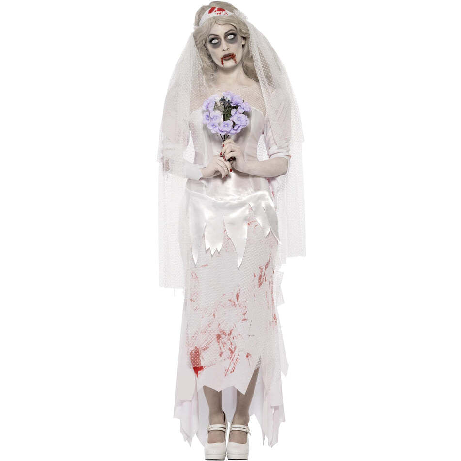 Till Death Do Us Part Zombie Bride Costume Adult White Dress Veil and Bouquet 1