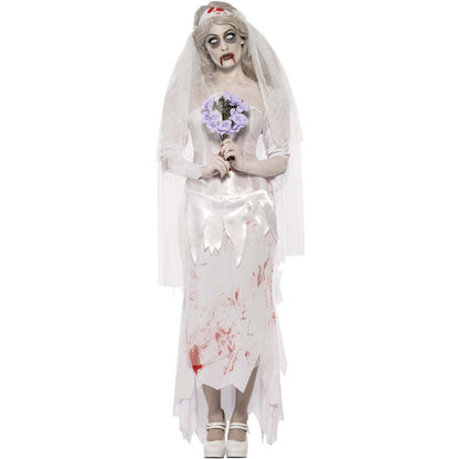 Till Death Do Us Part Zombie Bride Costume Adult White Dress Veil and Bouquet 1