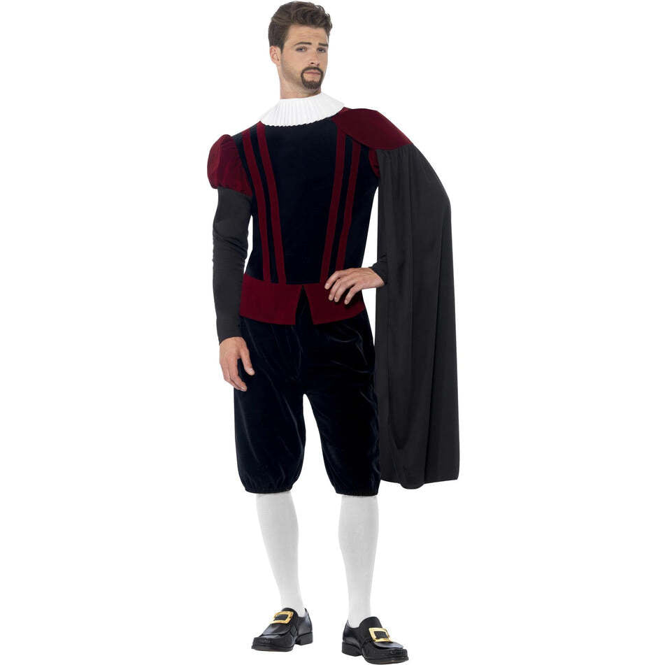 Tudor Lord Deluxe Costume Adult Black Red Top Black Trousers Cape and White Neck Ruffle 1