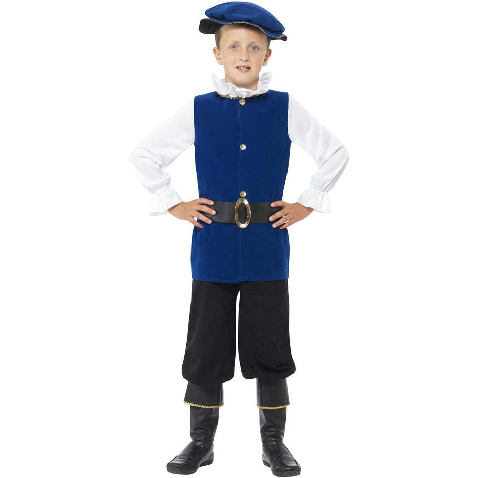 Tudor Boy Costume Royal Blue Top Black Trousers with Boot Covers Belt and Hat 1