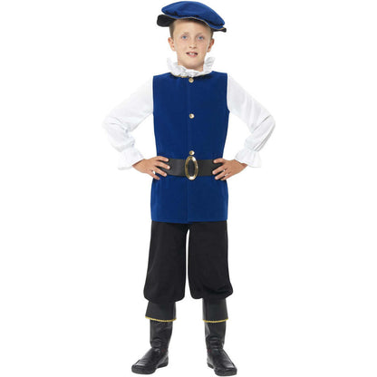 Tudor Boy Costume Royal Blue Top Black Trousers with Boot Covers Belt and Hat 1