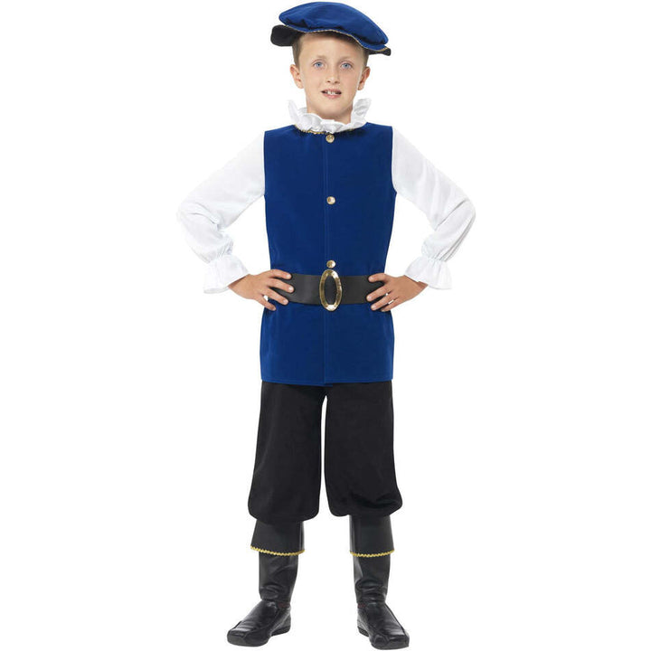 Tudor Boy Costume Royal Blue Top Black Trousers with Boot Covers Belt and Hat 1