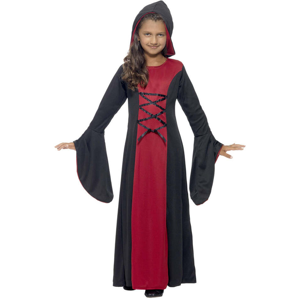 Vamp Costume Kids Red Black Hooded Dress with Lace Up Detail 1