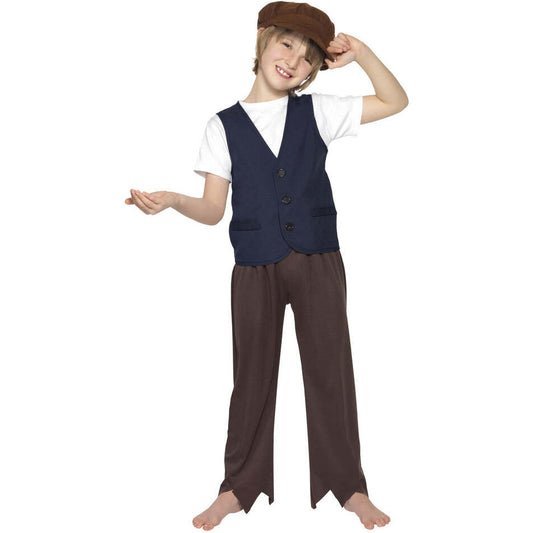 Victorian Poor Peasant Boy Kit Kids Blue Waistcoat Brown Trousers and Hat 1