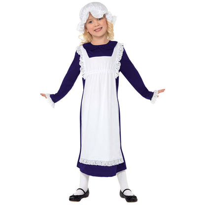Victorian Poor Girl Costume Blue Dress with White Apron and Mop Cap 1