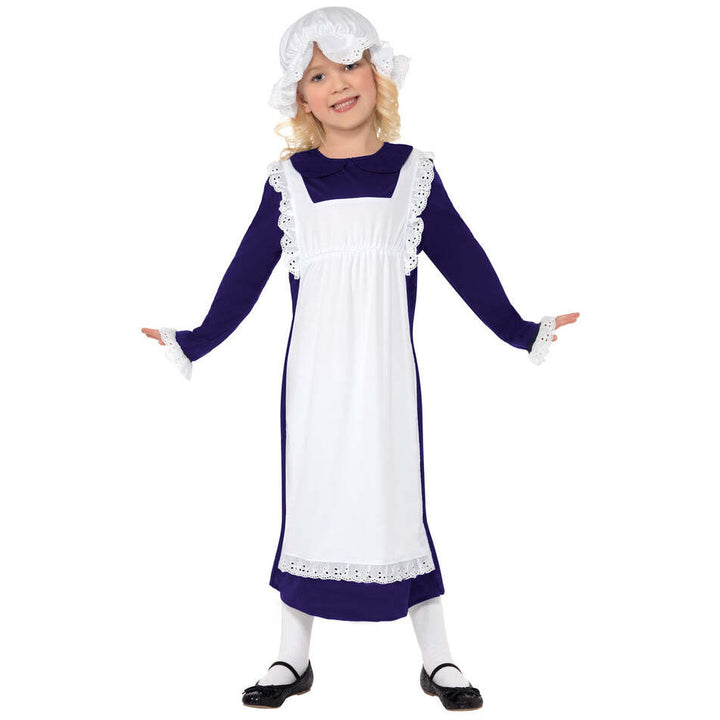 Victorian Poor Girl Costume Blue Dress with White Apron and Mop Cap 1