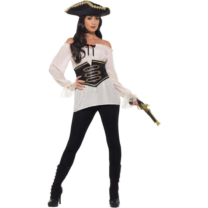Deluxe Pirate Shirt Ladies Adult Ivory with Lace Up Waist Cincher 1