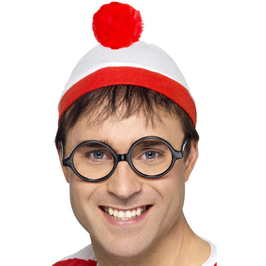Wheres Wally Instant Kit Adult White Red Bobble Hat and Black Glasses 1
