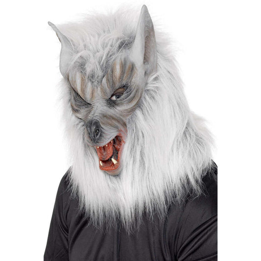 Silver Wolf Mask Adult Latex Full Overhead with Fur Horror Costume Accessory 1
