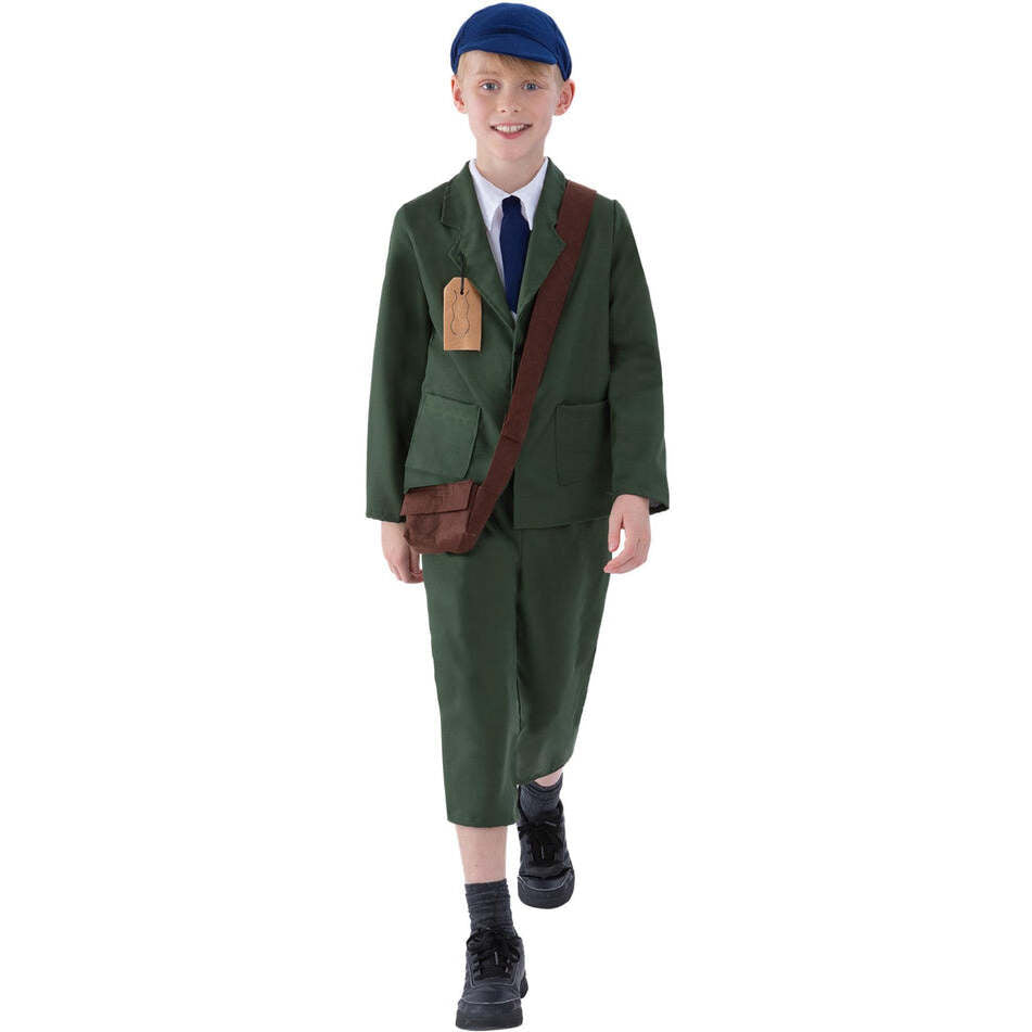 World War II Evacuee Boy Costume Kids Green Coat Trousers Hat and Bag 1