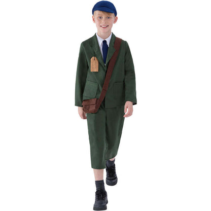 World War II Evacuee Boy Costume Kids Green Coat Trousers Hat and Bag 1