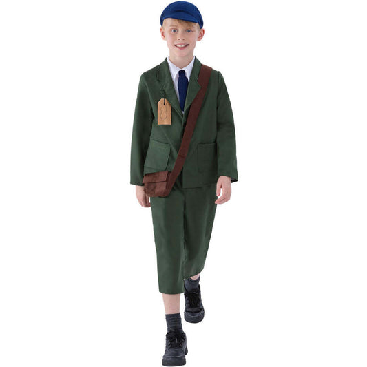 World War II Evacuee Boy Costume Kids Green Coat Trousers Hat and Bag 1