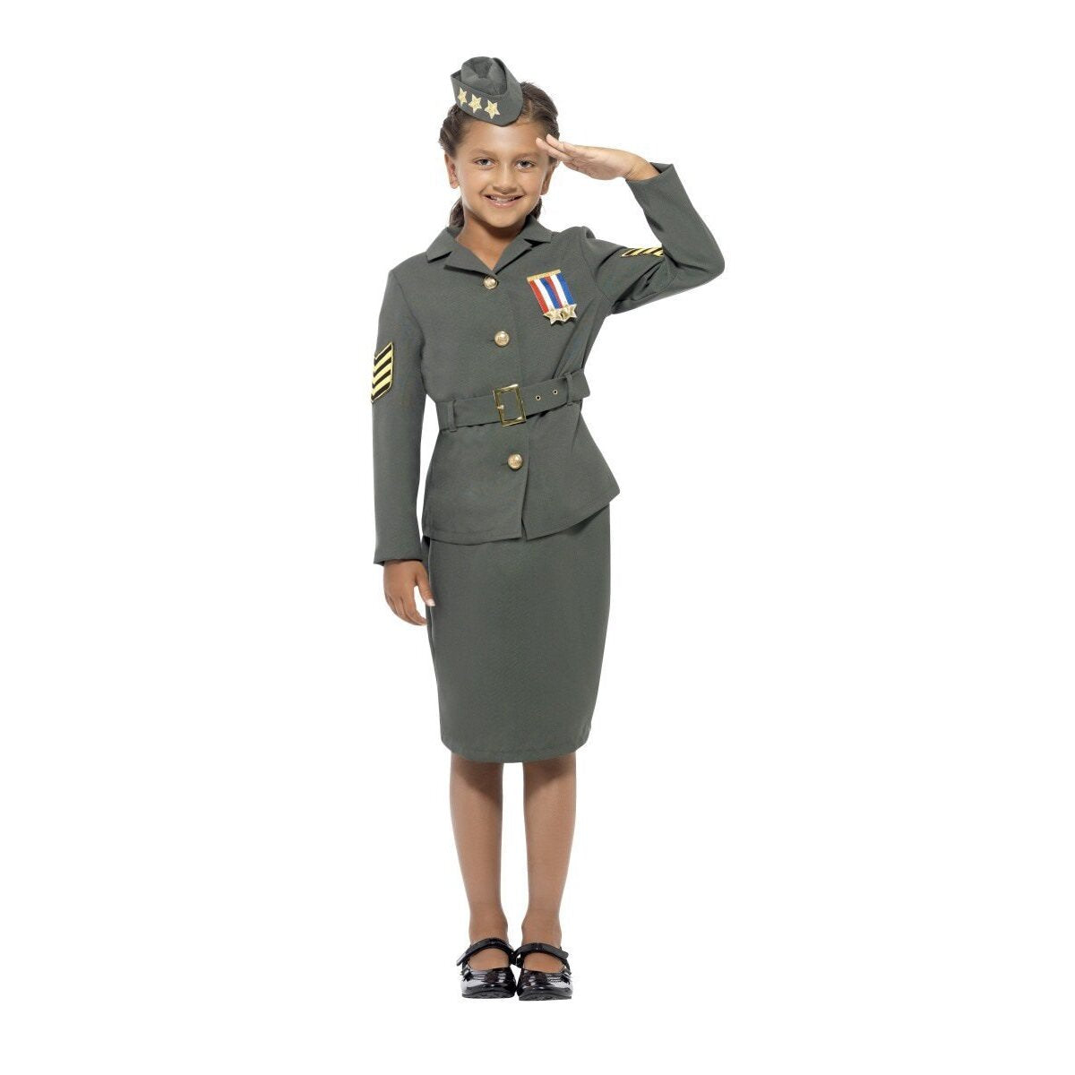 WW2 Army Girl Costume Kids Khaki Green Jacket Skirt Hat 1