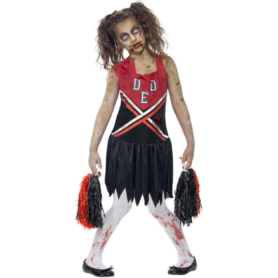 Zombie Cheerleader Costume Kids Red and Black Blood Stained Dress and Pom Poms 1
