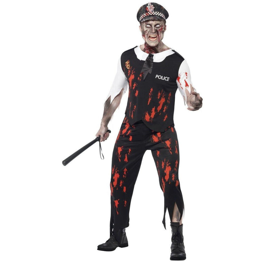 Zombie Policeman Costume Adult Black Red White Shirt Tie Trousers Hat 1