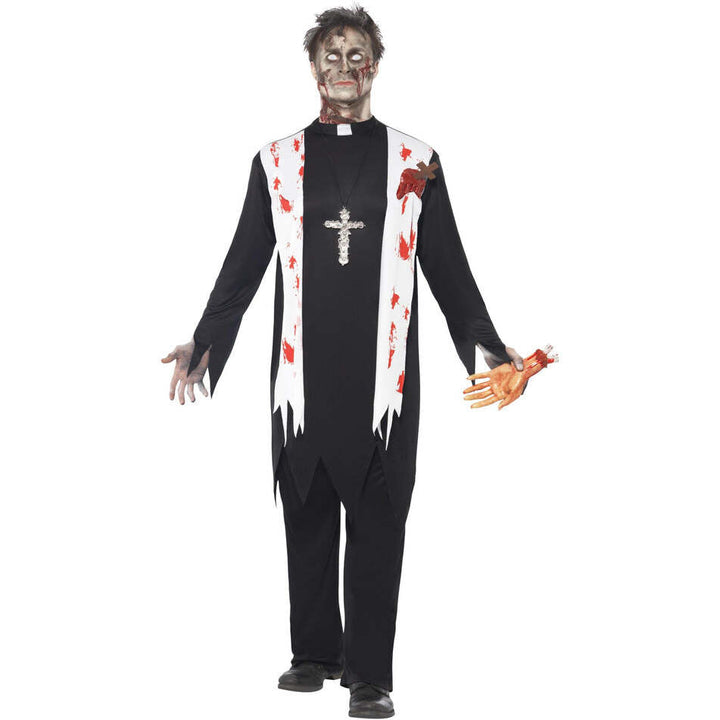 Zombie Priest Costume Adult Black with Blooded Top Latex Wound Collar and Trousers 1