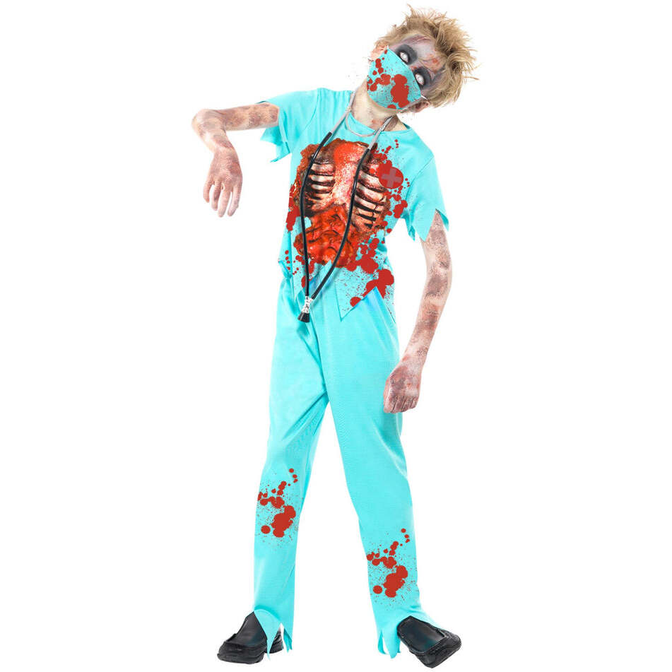 Zombie Surgeon Costume Kids Blue Trousers Top with Exposed Ribs Mask and Stethoscope 1