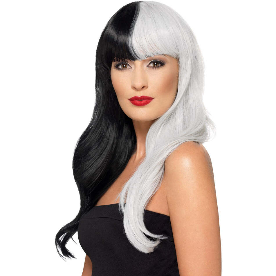 Deluxe Wig Half Black Half Grey Long with Fringe Adult Costume Accessory 1