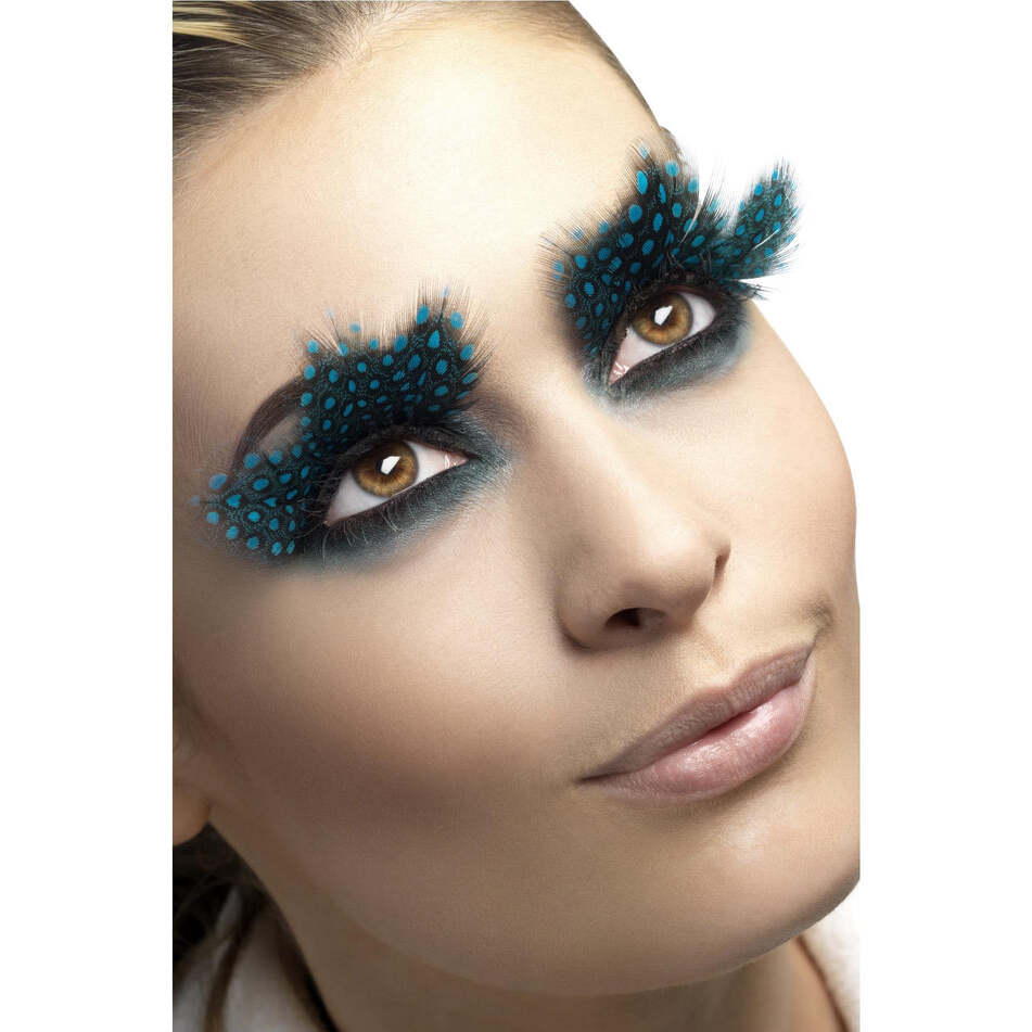 Large Black Feather Eyelashes with Aqua Dots and Glue 1