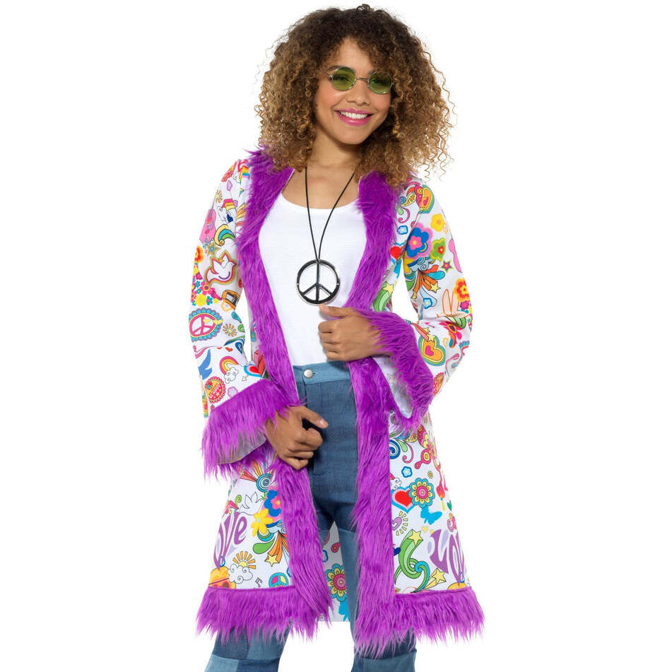 60s Groovy Hippie Coat Adult Multi Coloured with Fur Trim 1