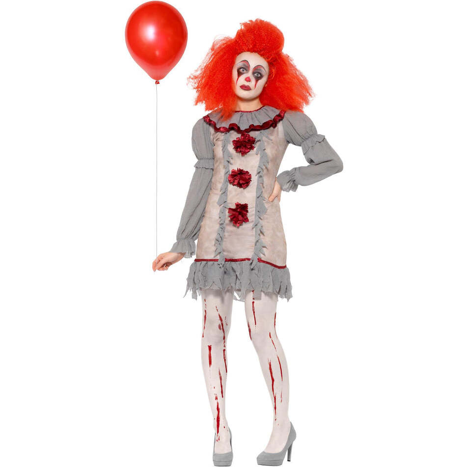 Vintage Clown Lady Costume Grey and Red Dress with Neck Ruffle 1