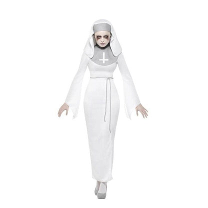 Haunted Asylum Nun Costume Adult White Dress Belt and Headpiece 1