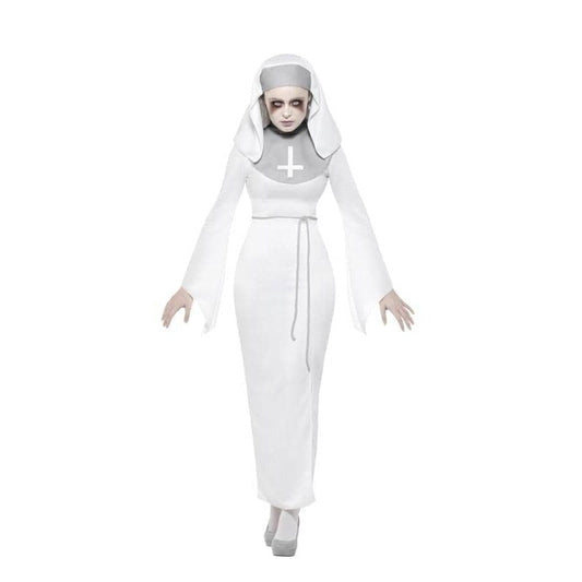 Haunted Asylum Nun Costume Adult White Dress Belt and Headpiece 1