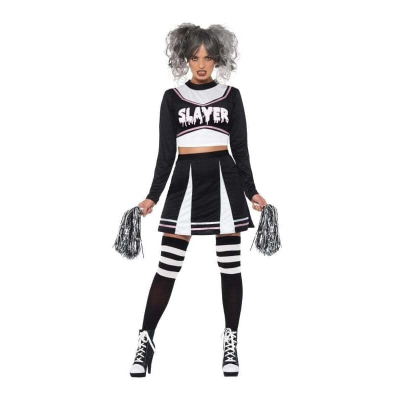 Gothic Cheerleader Costume Adult Black Crop Top Dress and Pom Poms 1
