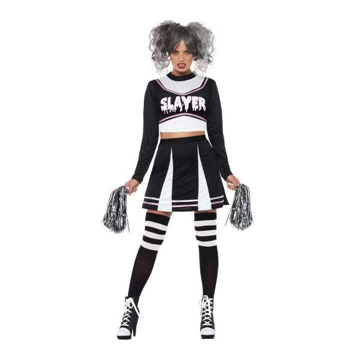 Gothic Cheerleader Costume Adult Black Crop Top Dress and Pom Poms 1