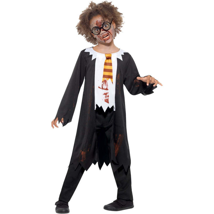 Zombie Student Costume Child Black Robe with Attached Shirt and Tie 1