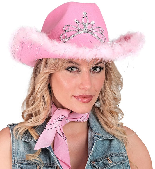 Pink Cowgirl Hat With Tiara & Marabou Trim With Silver Tinsel - In Felt
