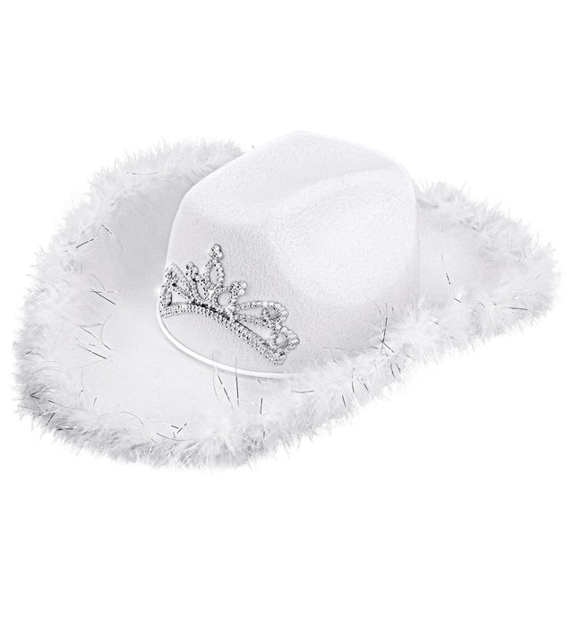 White Cowgirl Hat With Tiara & Marabou Trim With Silver Tinsel - In Felt