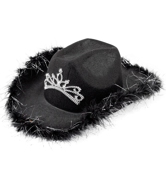 Black Cowgirl Hat With Tiara & Marabou Trim With Silver Tinsel - In Felt