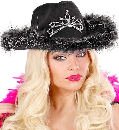 Black Cowgirl Hat With Tiara & Marabou Trim With Silver Tinsel - In Felt