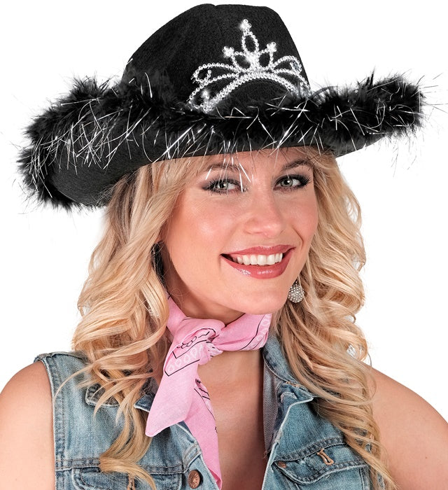 Black Cowgirl Hat With Tiara & Marabou Trim With Silver Tinsel - In Felt