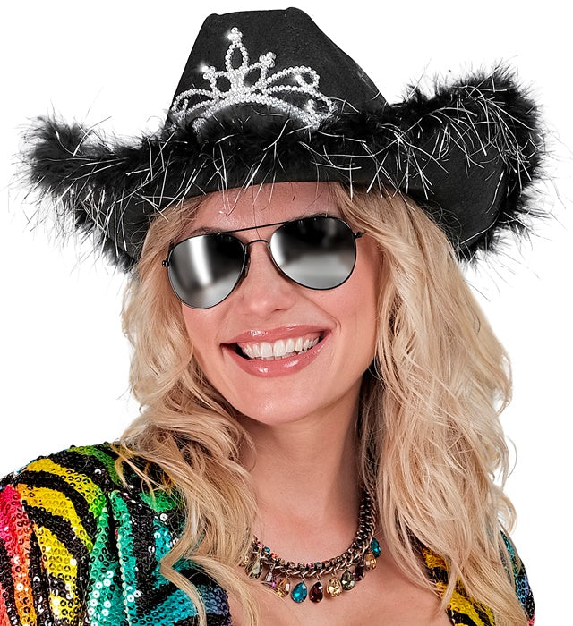 Black Cowgirl Hat With Tiara & Marabou Trim With Silver Tinsel - In Felt