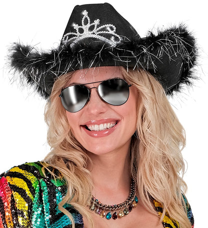 Black Cowgirl Hat With Tiara & Marabou Trim With Silver Tinsel - In Felt