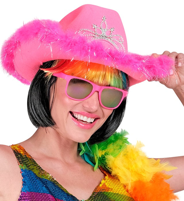 Pink Cowgirl Hat With Tiara & Marabou Trim With Silver Tinsel - In Felt