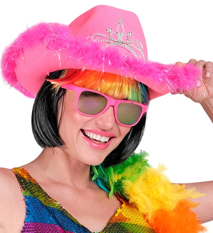 Pink Cowgirl Hat With Tiara & Marabou Trim With Silver Tinsel - In Felt