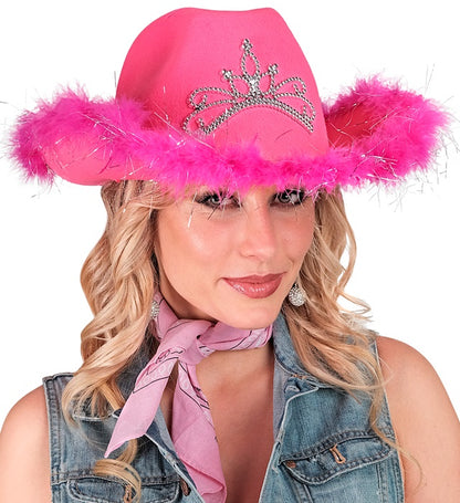Pink Cowgirl Hat With Tiara & Marabou Trim With Silver Tinsel - In Felt