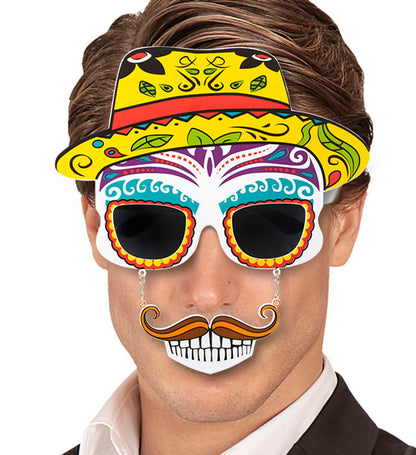 Dia De Los Muertos Skull Glasses With Moustache & Teeth