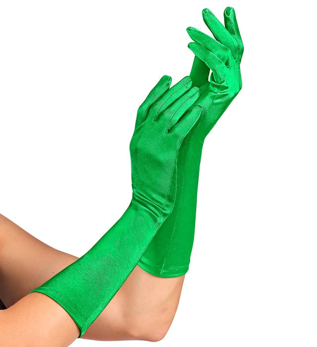 Green Satin Elastane Gloves 40 Cm