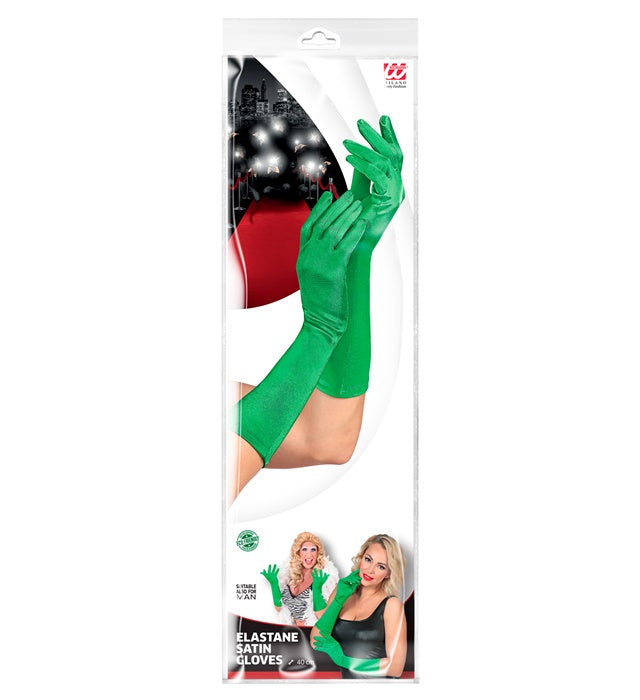 Green Satin Elastane Gloves 40 Cm
