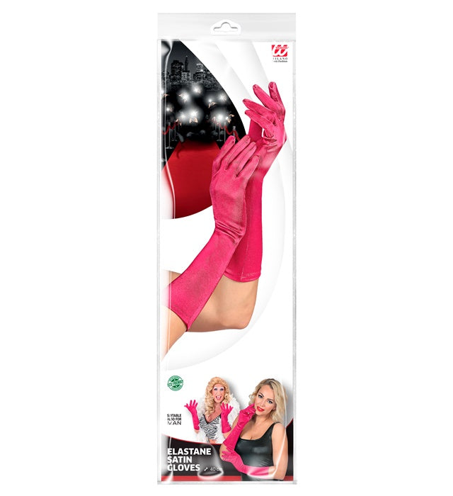 Hot Pink Satin Elastane Gloves 40 Cm