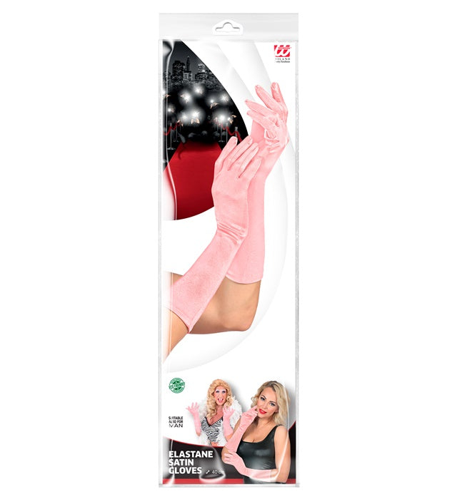 Pink Satin Elastane Gloves 40 Cm